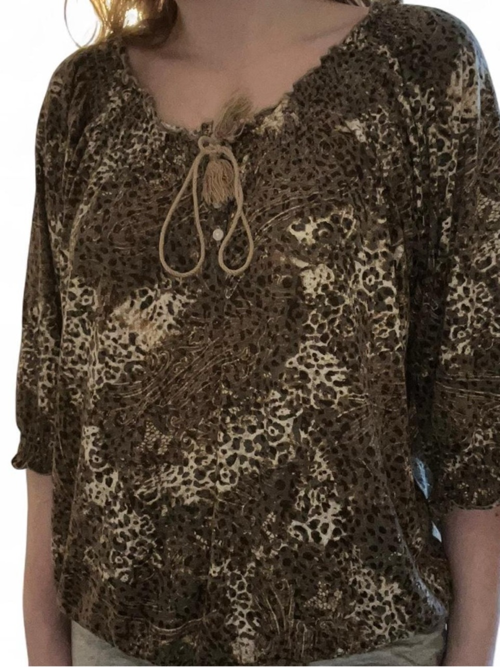 Bandolino Brown Animal-Print Tie-Neck Blouse